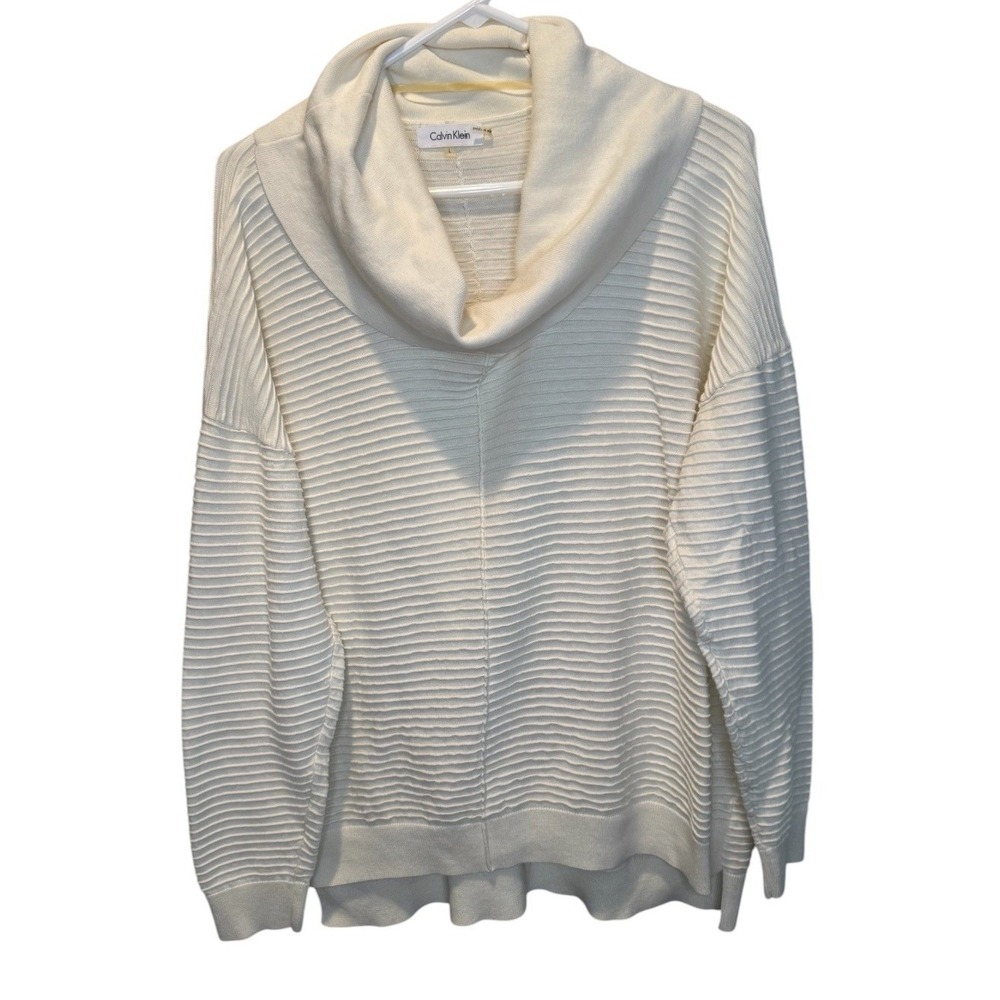 Calvin Klein Womens Ivory Cowl Neck Ribbed Knit Sweater Large Minimalist Chic